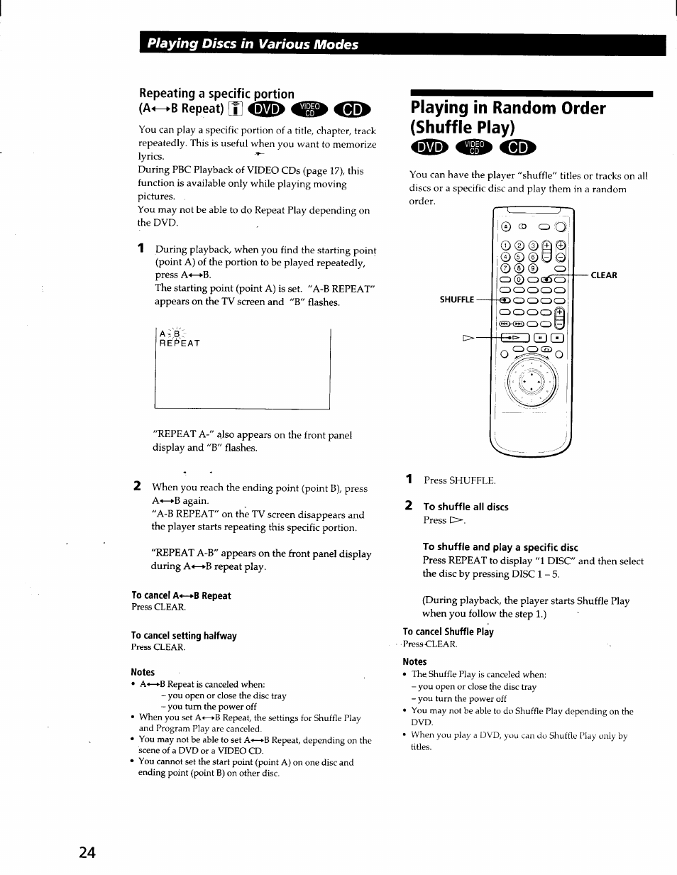 Repeating a specific portion (a^—►b repeat) |ti, Playing in random order (shuffle play), To cancel a«—>b repeat | To cancel setting halfway, Notes, 2 to shuffle all discs, To shuffle and play a specific disc, To cancel shuffle play, Playing discs in various modes | Sony DVP-C600D User Manual | Page 24 / 59