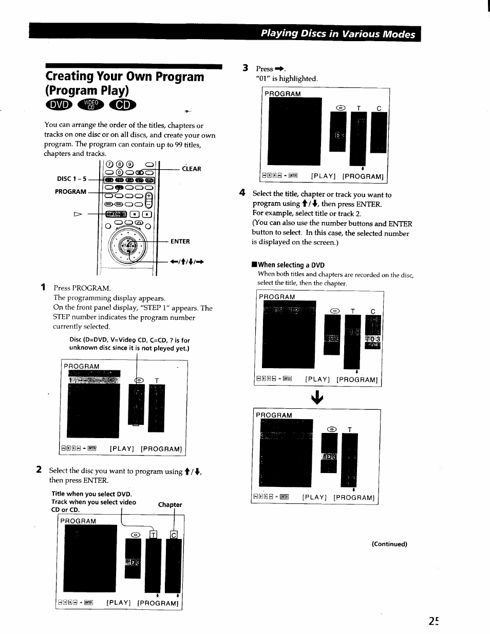 Creating your own program (program play), Playing discs in various modes | Sony DVP-C600D User Manual | Page 26 / 59