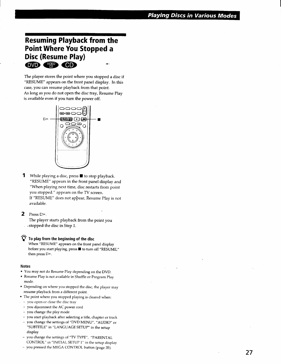 Q' to play from the beginning of the disc, Notes, Playing discs in various modes | Sony DVP-C600D User Manual | Page 27 / 59