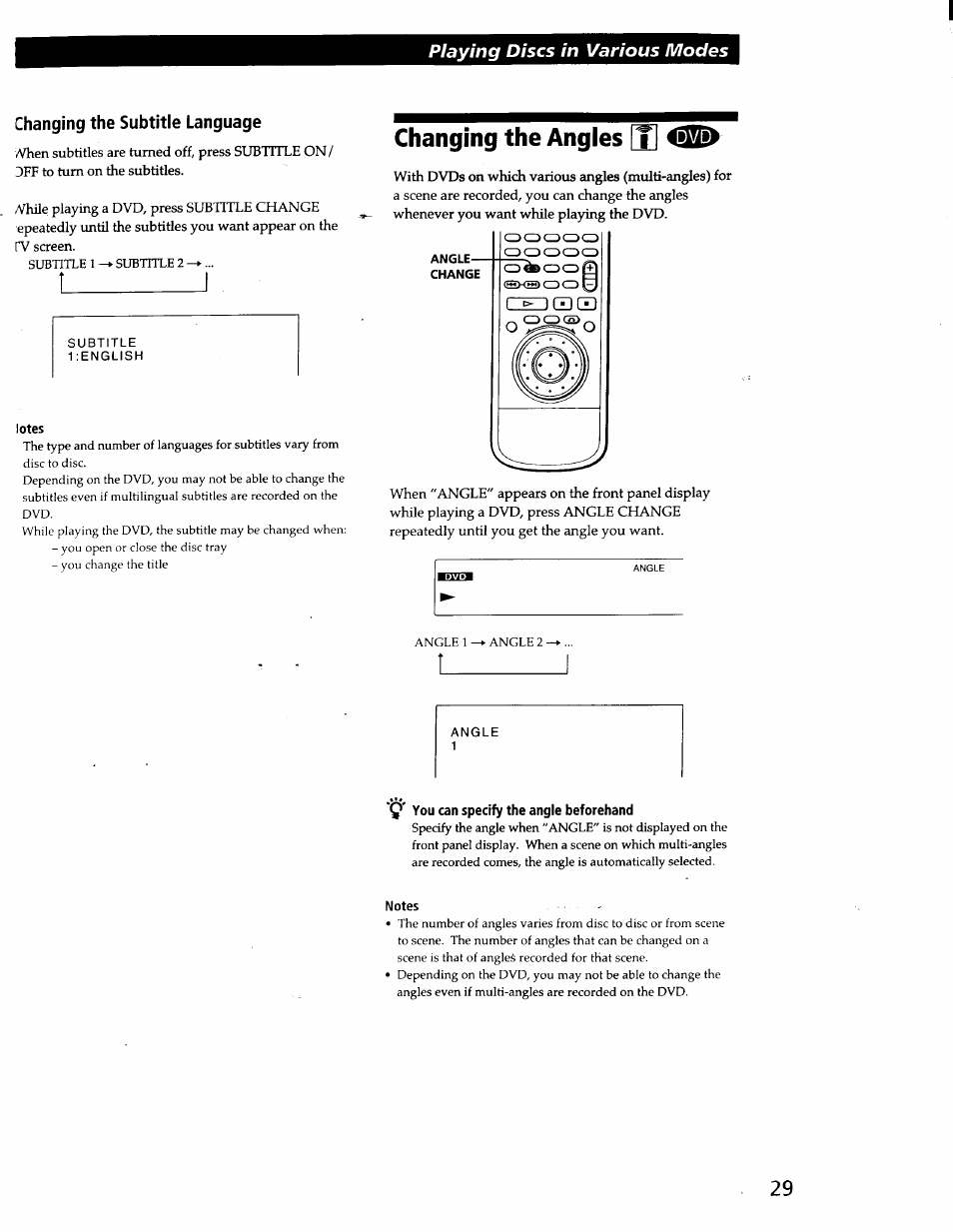 Changing the subtitle language, Changing the angles, Lotes | You can specify the angle beforehand, Notes, Playing discs in various modes | Sony DVP-C600D User Manual | Page 29 / 59