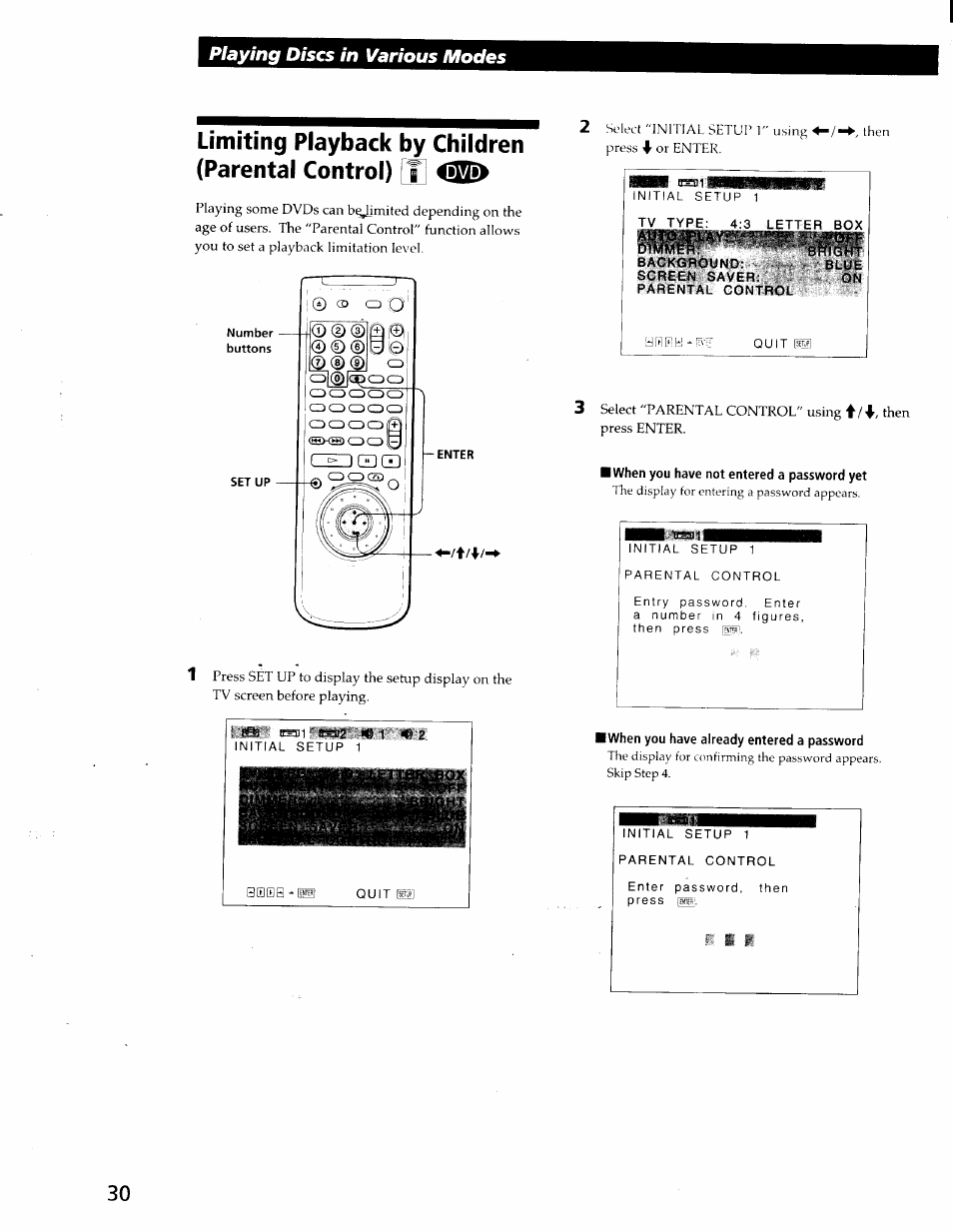 Limiting playback by children (parental control), Playing discs in various modes | Sony DVP-C600D User Manual | Page 30 / 59