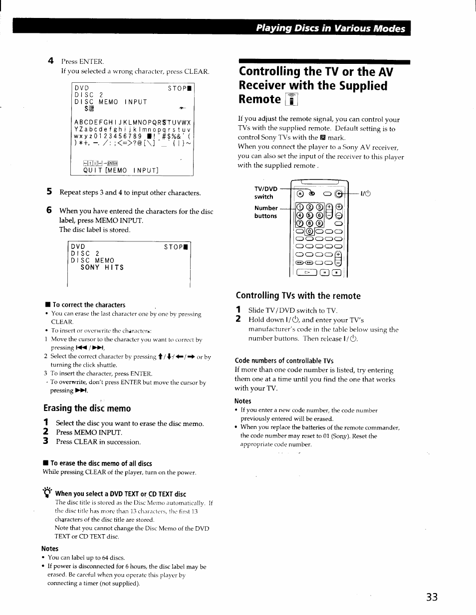 To correct the characters, Erasing the disc memo, Tv/dvd | Switch, Number - buttons, Controlling tvs with the remote, Code numbers of controllable tvs, Notes, To erase the disc memo of all discs, 9' when you select a dvd text or cd text disc | Sony DVP-C600D User Manual | Page 33 / 59