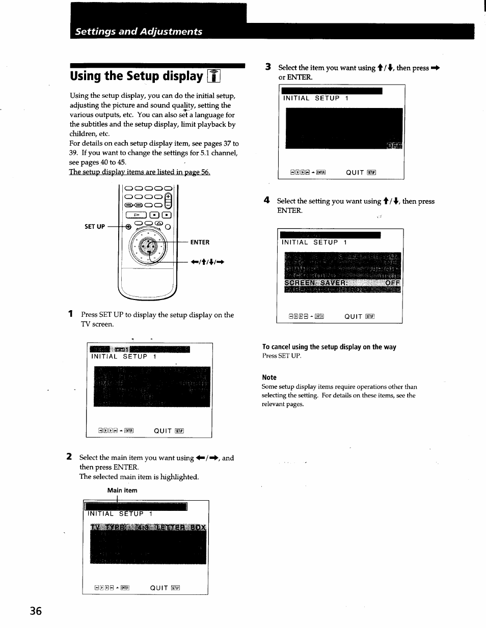 Using the setup display [t, To cancel using the setup display on the way, Note | Using the setup display | Sony DVP-C600D User Manual | Page 36 / 59