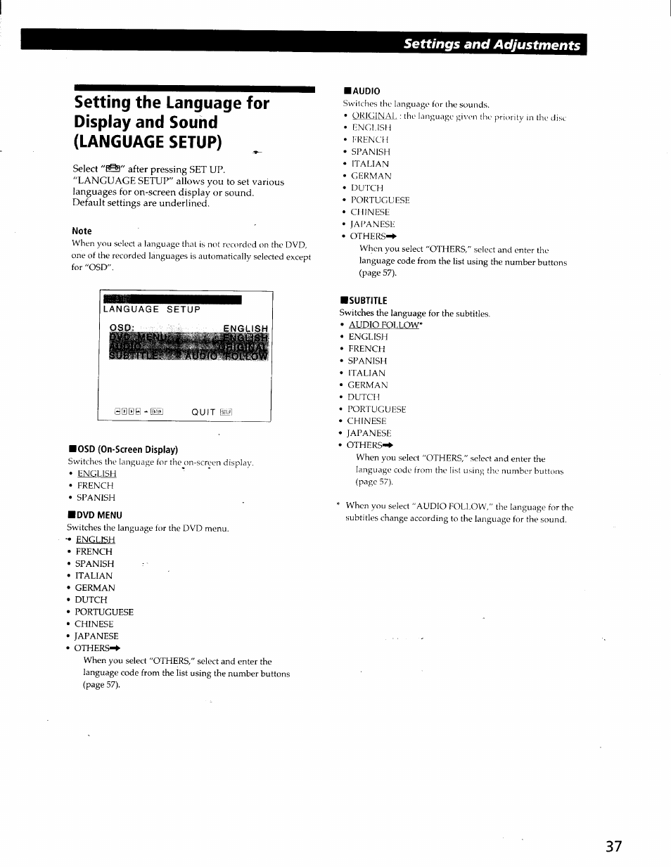 Note, Audio, Language setup osd | English, Osd (on-screen display), French, Dvd menu, Subtitle, Settings and adjustments | Sony DVP-C600D User Manual | Page 37 / 59