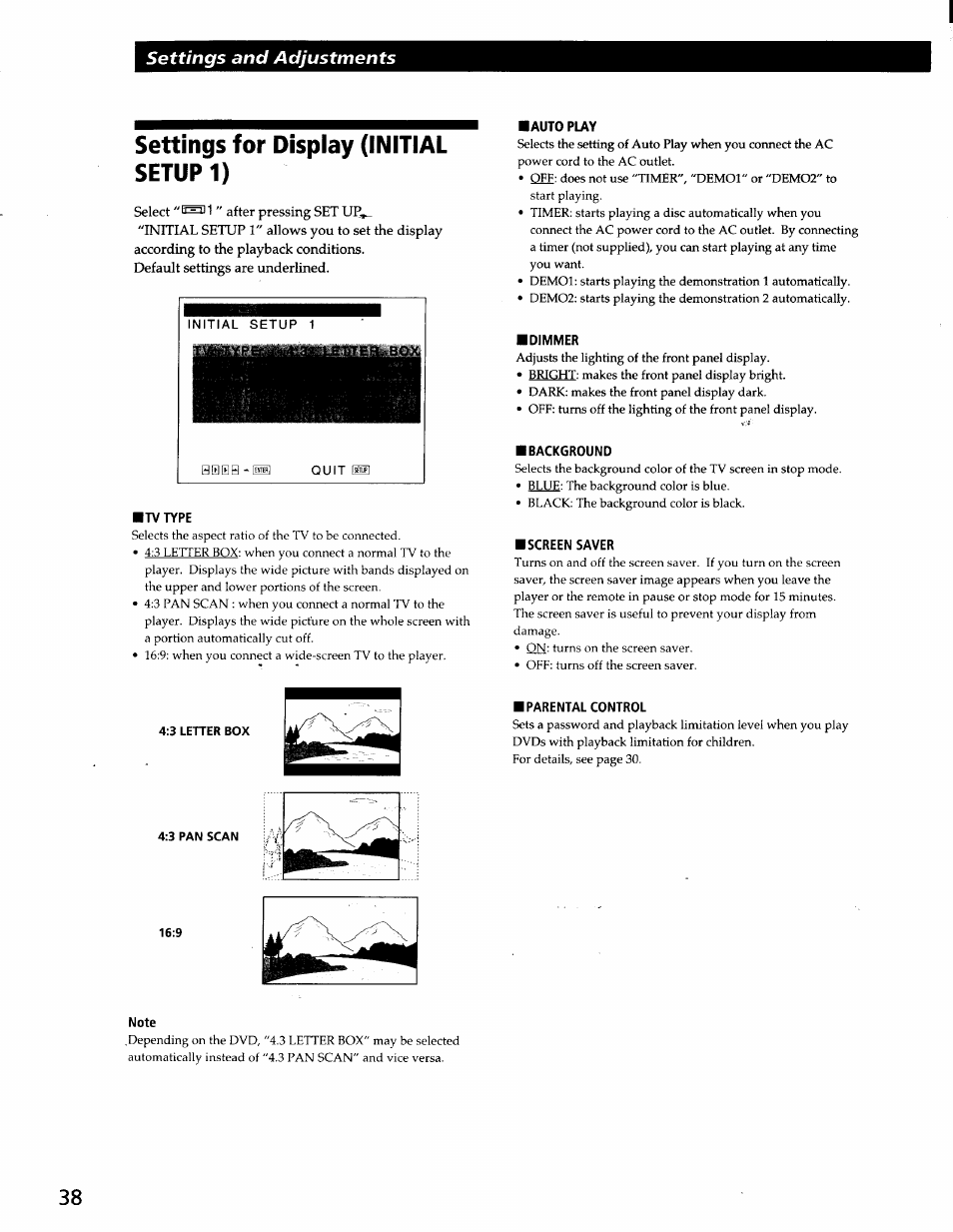 Settings for display (initial setup 1), Select "era] 1" after pressing set ue, Default settings are underlined | Settings and adjustments | Sony DVP-C600D User Manual | Page 38 / 59