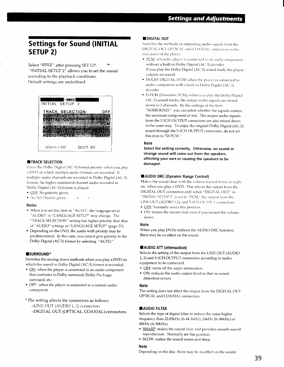 Settings for sound (initial setup 2), Settings for soimd (initial setup 2), Settings and adjustments | Sony DVP-C600D User Manual | Page 39 / 59