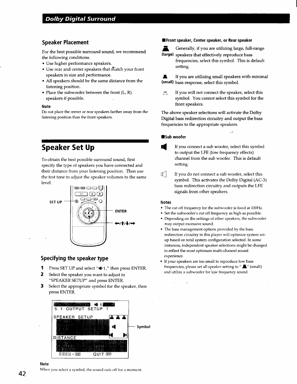 Speaker placement, Note, Speaker set up | Specifying the speaker type, Front speaker, center speaker, or rear speaker, Sub woofer, Notes, Speaker setup, Dolby digital surround | Sony DVP-C600D User Manual | Page 42 / 59