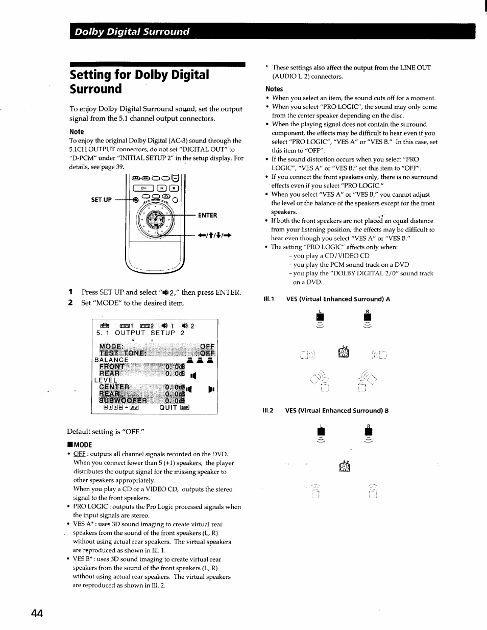 Setting for dolby digital surround, Note, 1 press set up and select 2/' then press enter | 2 set