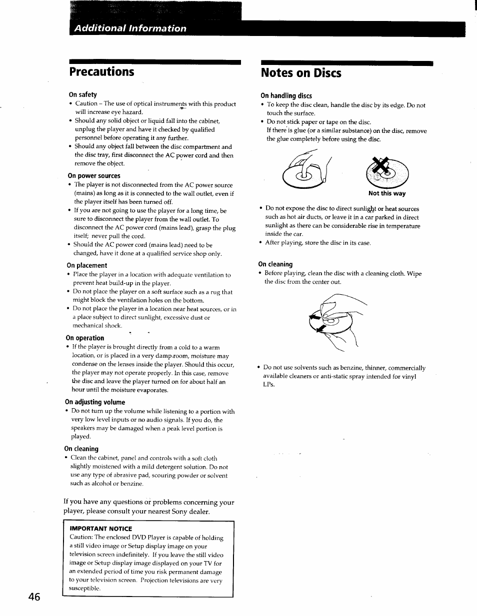 Notes on discs, On safety, On power sources | On placement, On operation, On adjusting volume, On cleaning, On handling discs | Sony DVP-C600D User Manual | Page 46 / 59