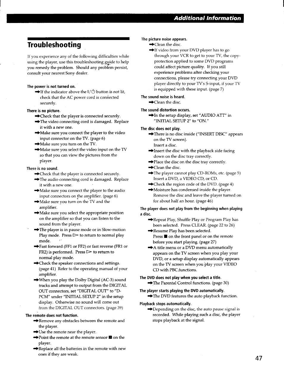 Troubleshooting, The power is not turned on, There is no sound | The remote does not function, The picture noise appears, The sound noise is heard, The sound distortion occurs | Sony DVP-C600D User Manual | Page 47 / 59