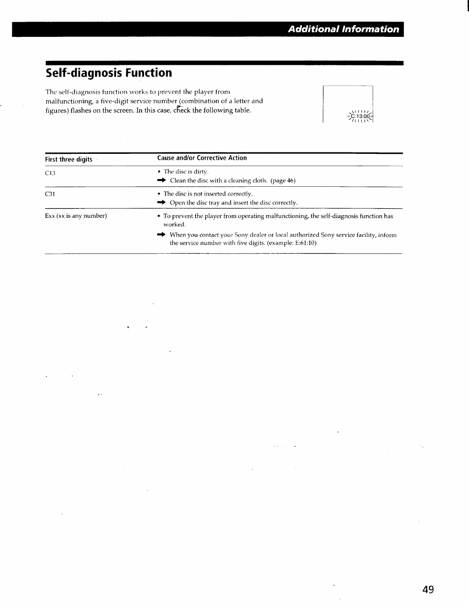 Self-diagnosis function | Sony DVP-C600D User Manual | Page 49 / 59