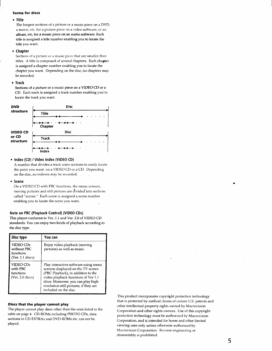 Title, Chapter, Track | Index (cd) / video index (video cd), Scene, Note on pbc (playback control) (video cds) | Sony DVP-C600D User Manual | Page 5 / 59