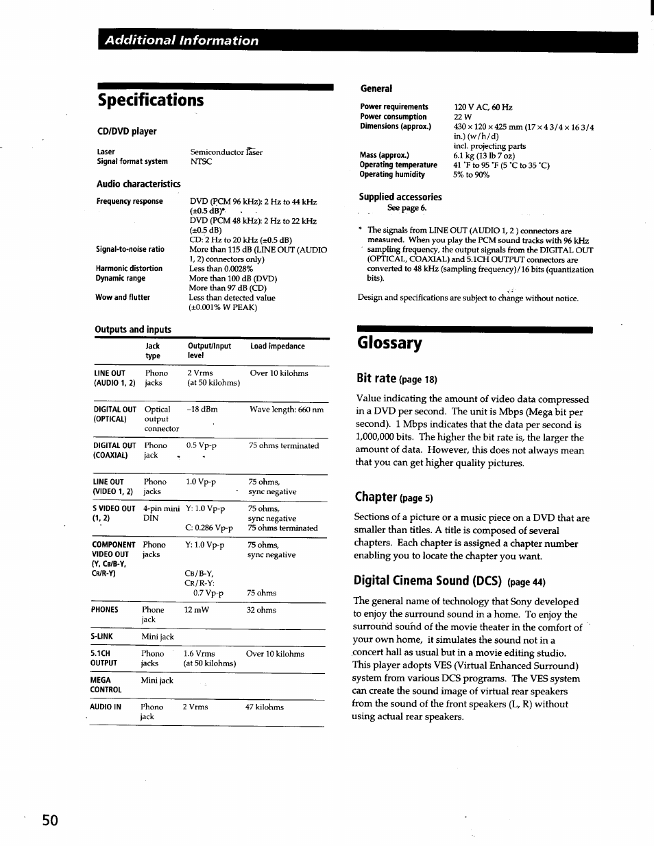 Operating humidity 5% to 90, Supplied accessories, Glossary | Specifications, Additional information, Bit rate, Chapter, Digital cinema sound (dcs) | Sony DVP-C600D User Manual | Page 50 / 59
