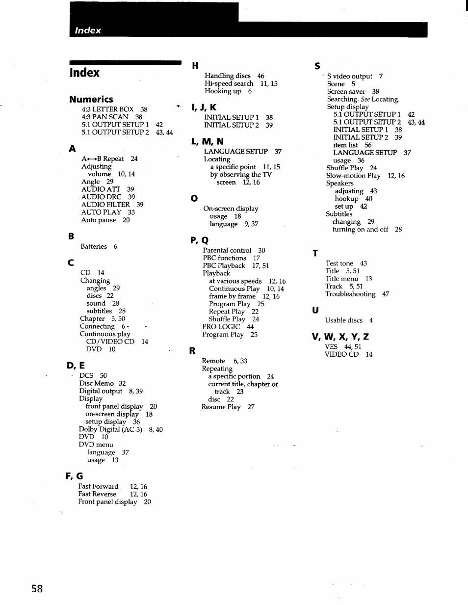 Index, Numerics, D, e | F, g, I, j, k, L, m, n, P. q, V, w, x, y, z | Sony DVP-C600D User Manual | Page 58 / 59