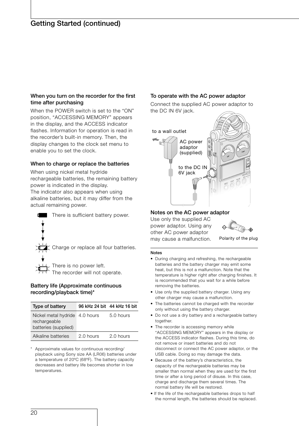 Getting started (continued) | Sony PCM-D1 User Manual | Page 20 / 52