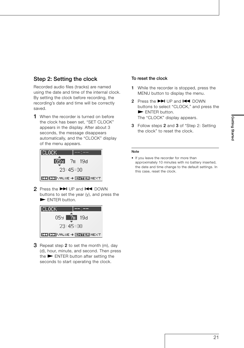 Step 2: setting the clock | Sony PCM-D1 User Manual | Page 21 / 52