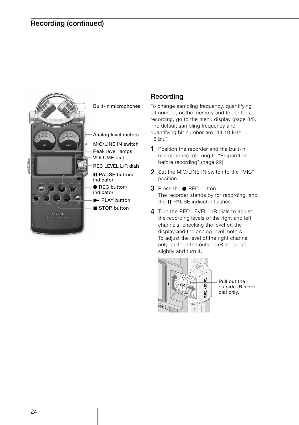 Recording, Recording (continued) | Sony PCM-D1 User Manual | Page 24 / 52