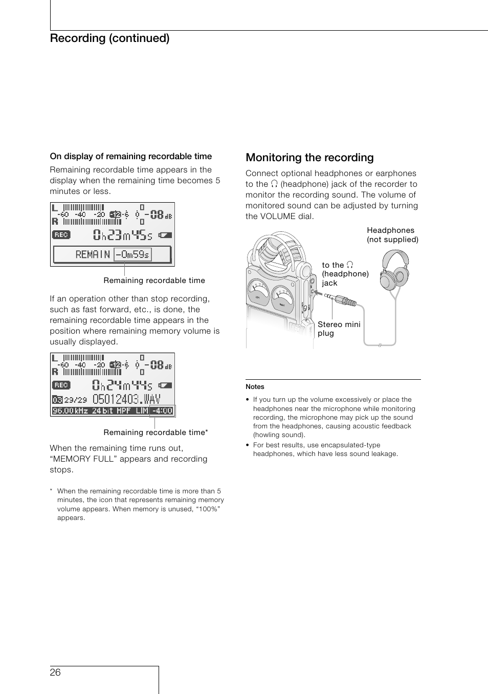Monitoring the recording, Recording (continued) | Sony PCM-D1 User Manual | Page 26 / 52