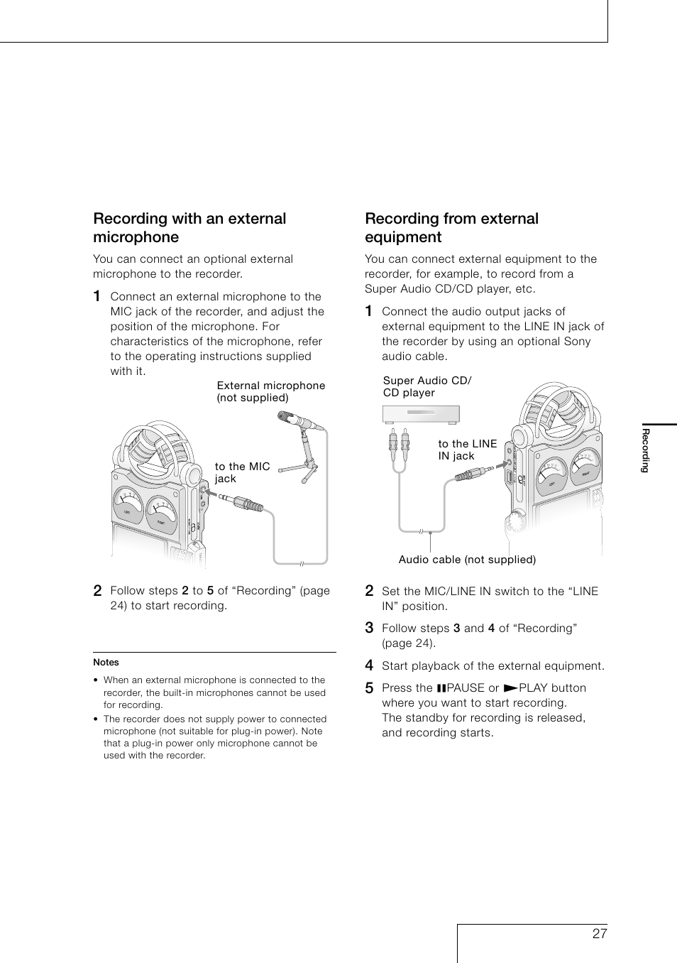 Recording with an external microphone, Recording from external equipment | Sony PCM-D1 User Manual | Page 27 / 52