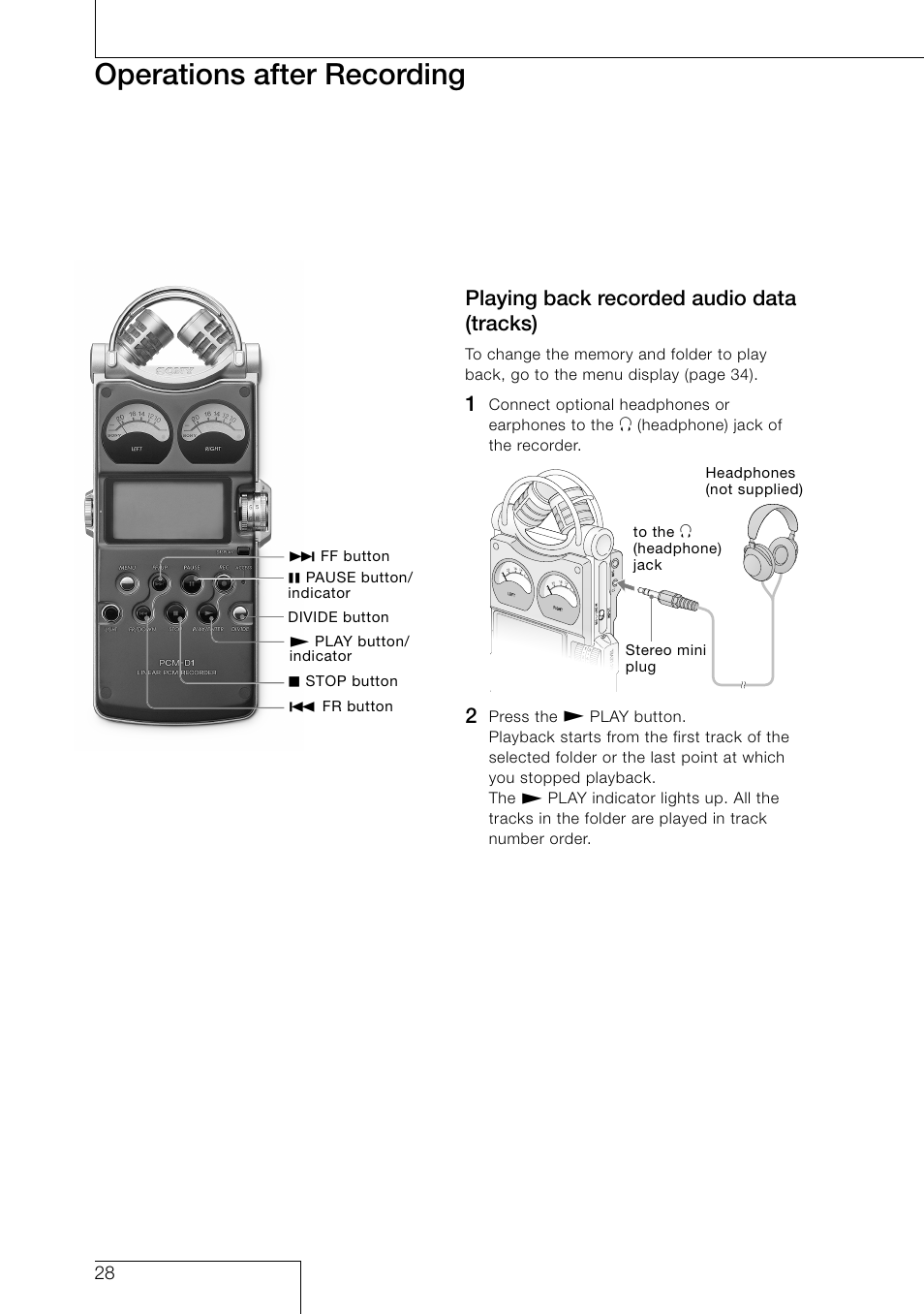 Operations after recording, Playing back recorded audio data (tracks) | Sony PCM-D1 User Manual | Page 28 / 52