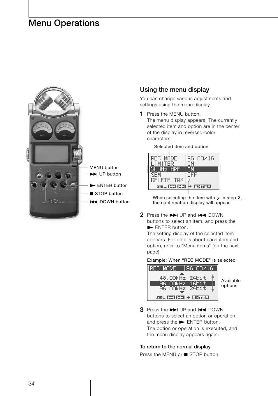 Menu operations, Using the menu display | Sony PCM-D1 User Manual | Page 34 / 52
