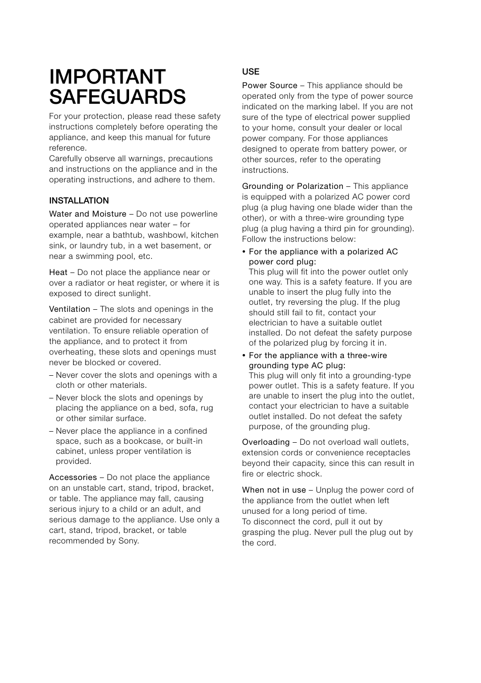Important safeguards | Sony PCM-D1 User Manual | Page 4 / 52