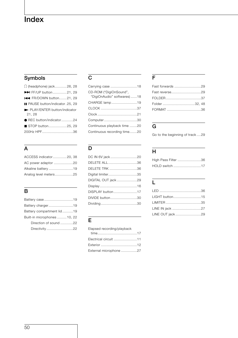 Index, Symbols | Sony PCM-D1 User Manual | Page 50 / 52