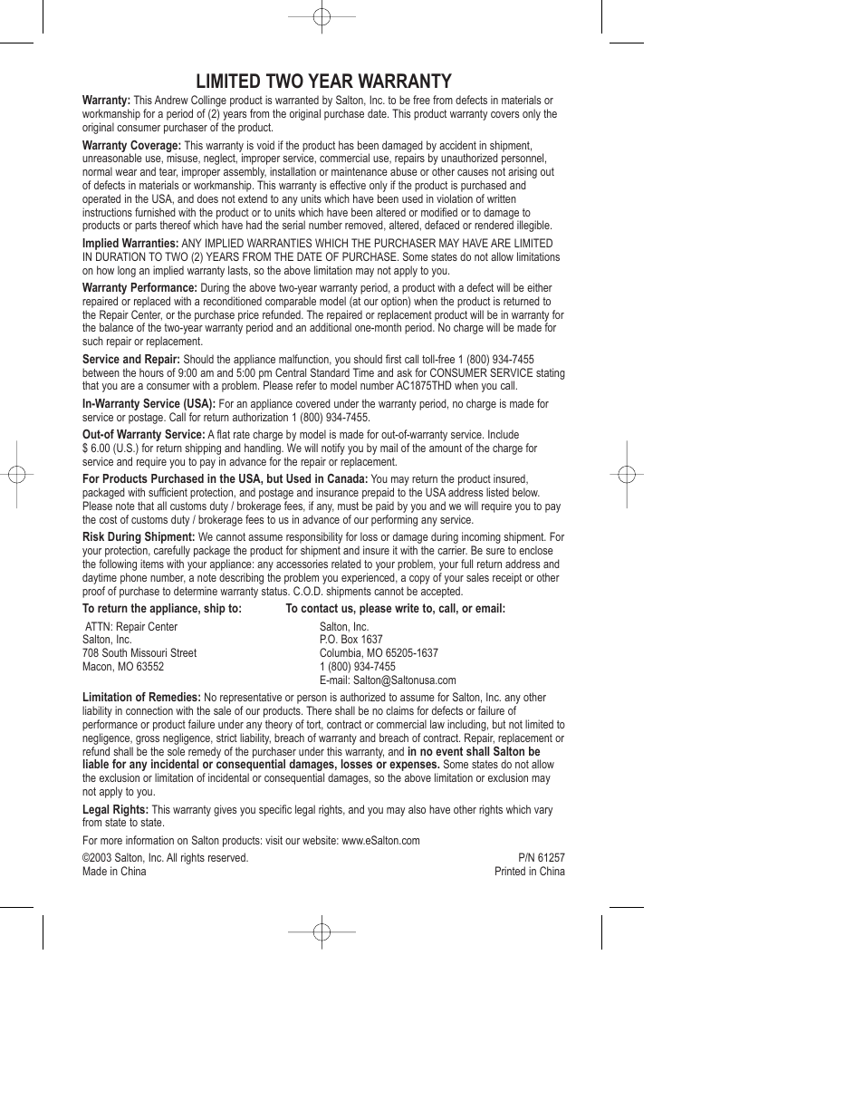 Limited two year warranty | Salton, Inc AC1875 User Manual | Page 12 / 12
