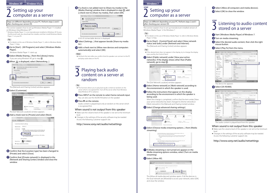 Setting up your computer as a server, Listening to audio content stored on a server, Playing back audio content on a server at random | Sony SA-NS400 User Manual | Page 2 / 2