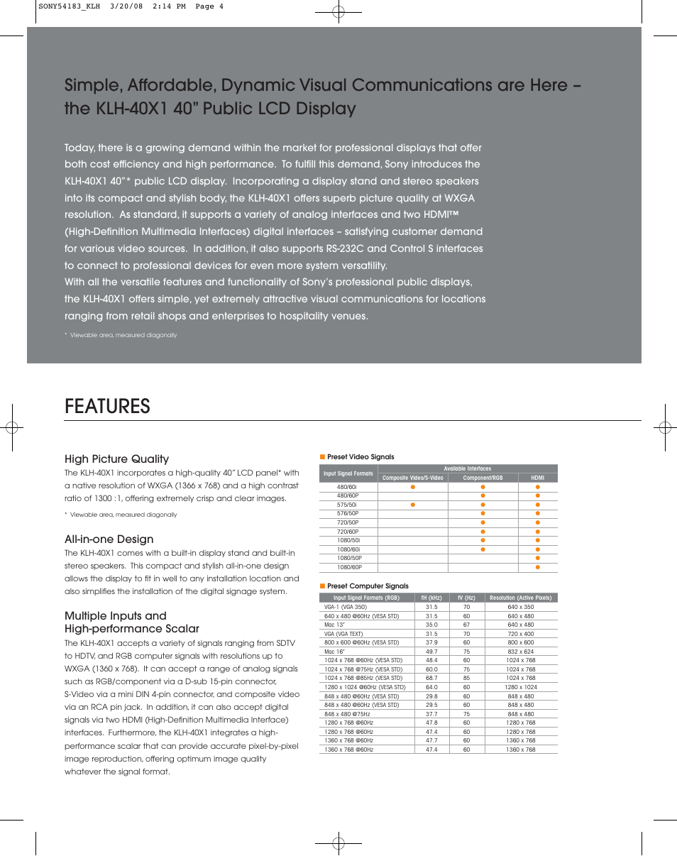 Features, High picture quality, All-in-one design | Multiple inputs and high-performance scalar | Sony KLH-40X1 User Manual | Page 2 / 4