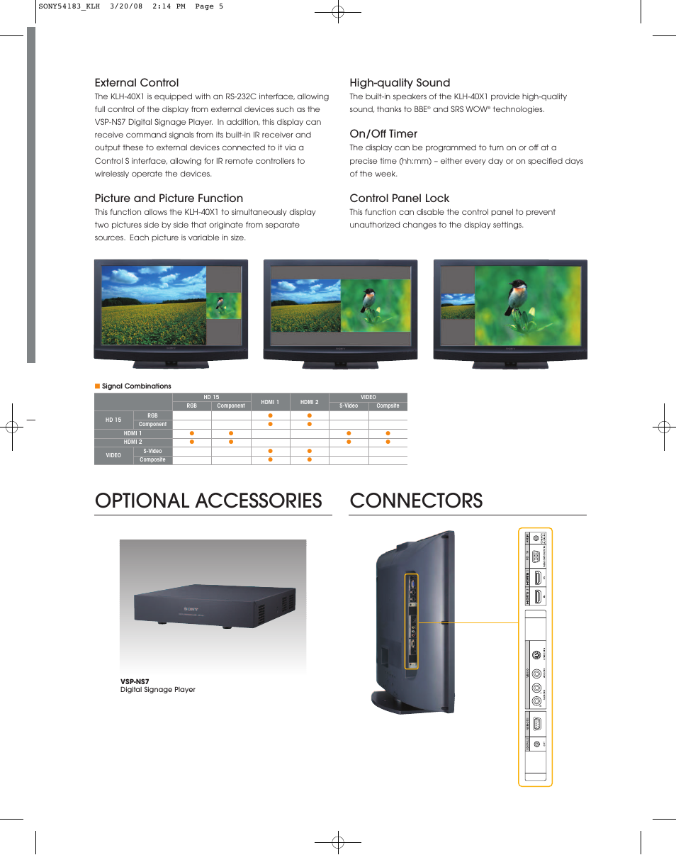 Connectors optional accessories, External control, Picture and picture function | High-quality sound, On/off timer, Control panel lock | Sony KLH-40X1 User Manual | Page 3 / 4