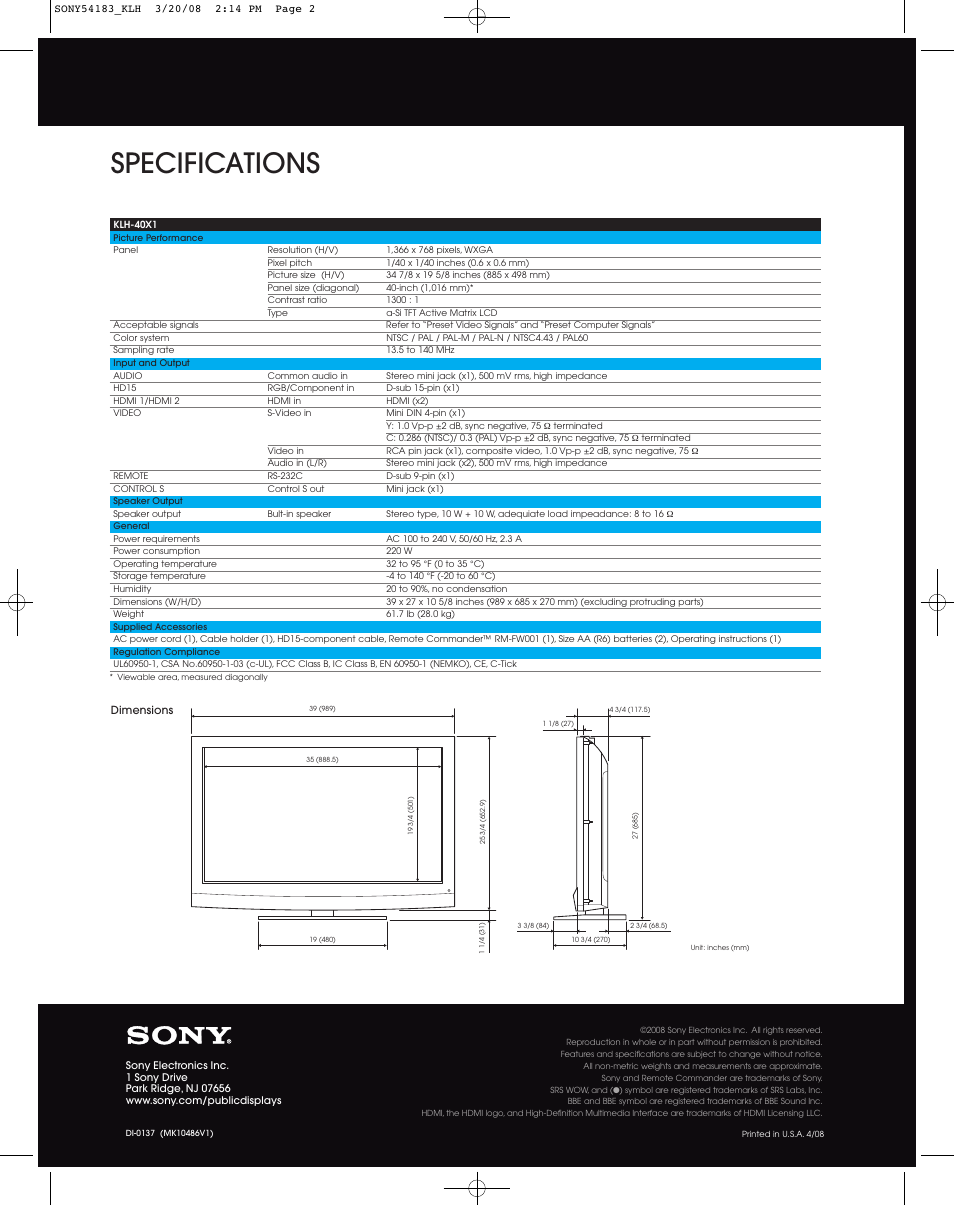 Specifications | Sony KLH-40X1 User Manual | Page 4 / 4