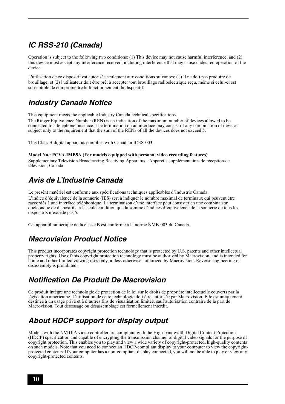 Ic rss-210 (canada), Industry canada notice, Avis de l’industrie canada | Macrovision product notice, Notification de produit de macrovision, About hdcp support for display output | Sony VGC-RC210G User Manual | Page 10 / 12