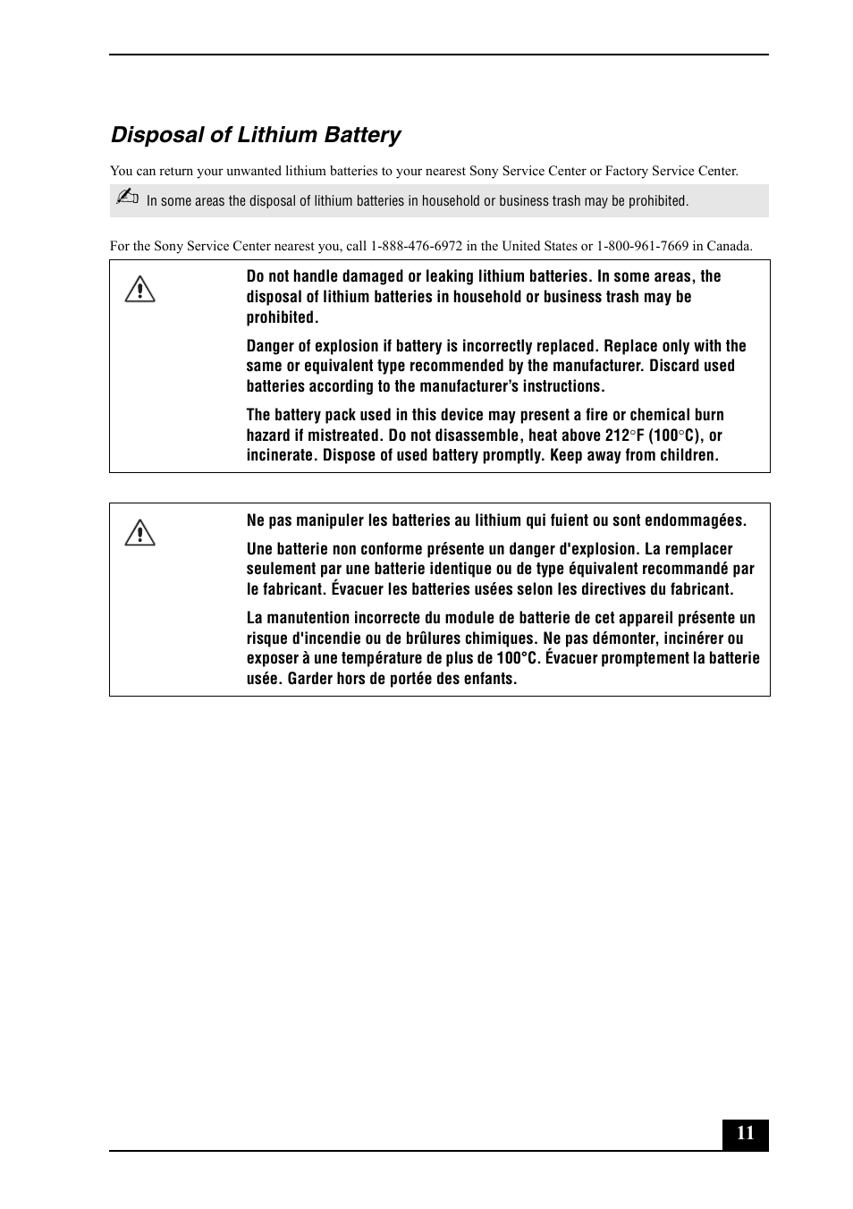 Disposal of lithium battery | Sony VGC-RC210G User Manual | Page 11 / 12