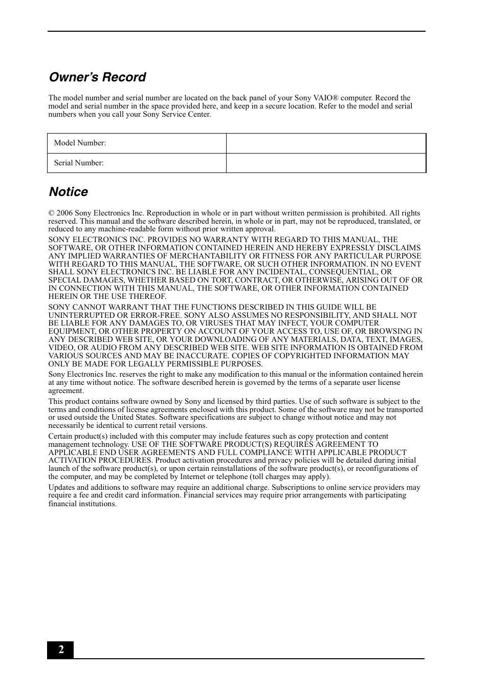 Owner’s record, Notice | Sony VGC-RC210G User Manual | Page 2 / 12
