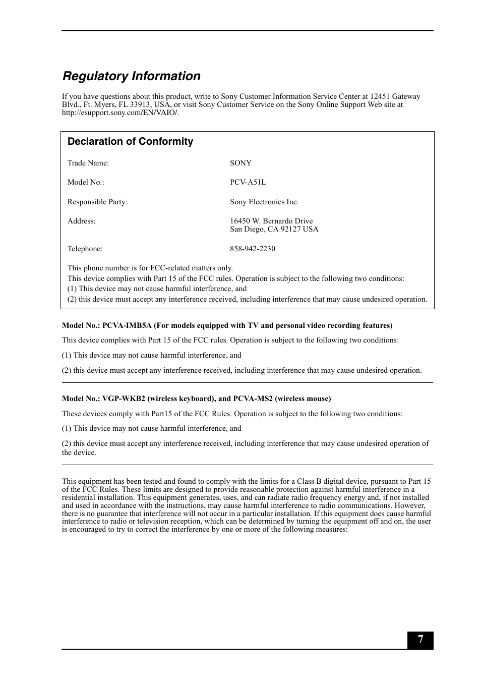 Regulatory information, Declaration of conformity | Sony VGC-RC210G User Manual | Page 7 / 12