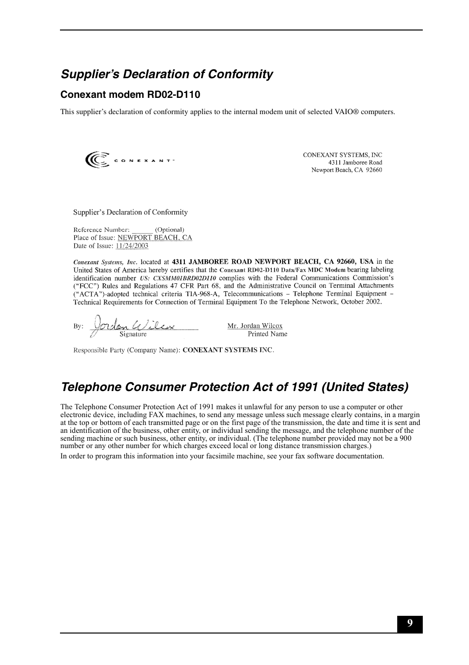 Supplier’s declaration of conformity | Sony VGC-RC210G User Manual | Page 9 / 12