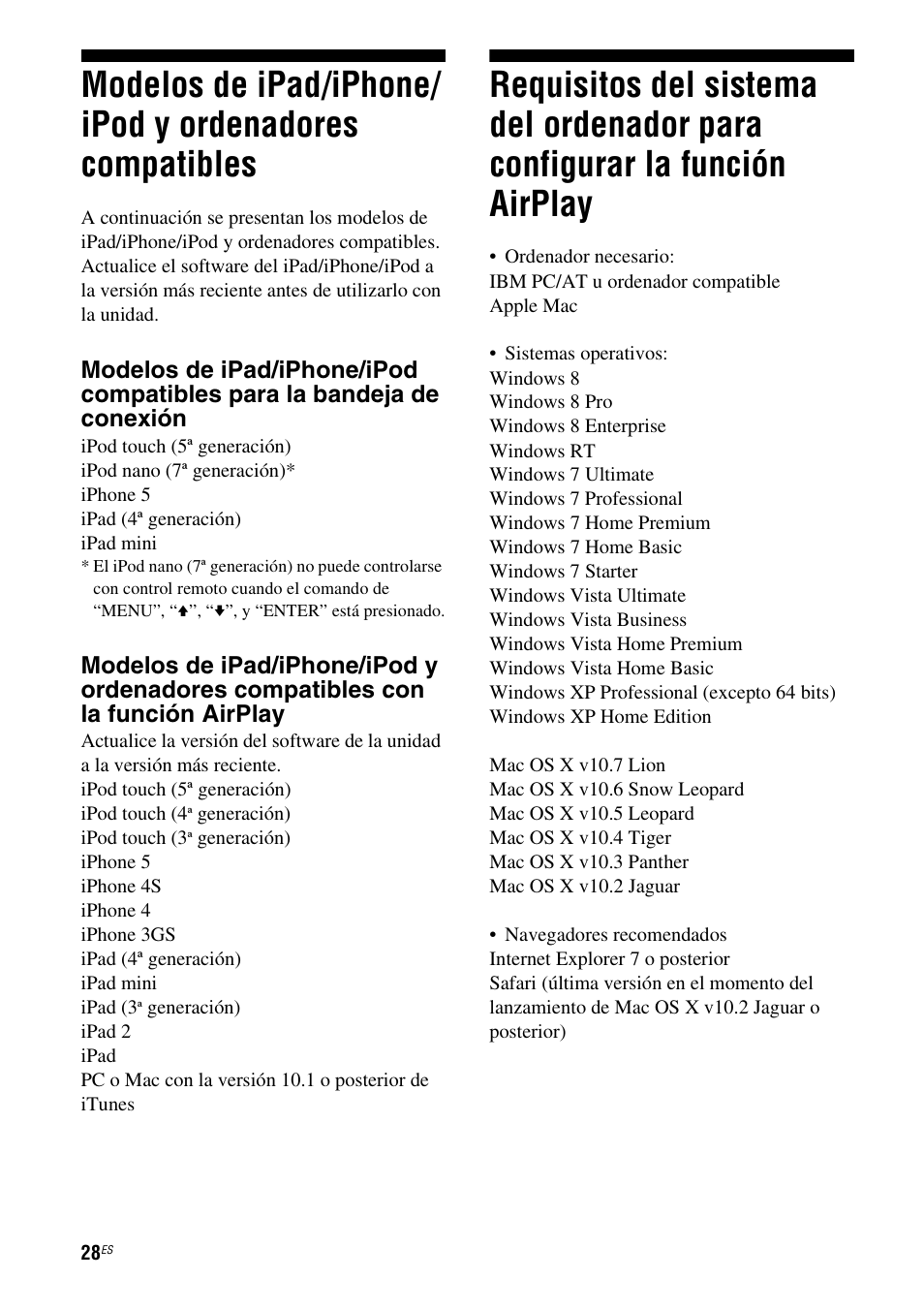 Modelos de ipad/iphone/ipod y, Ordenadores compatibles, Requisitos del sistema del ordenador para | Configurar la función airplay | Sony RDP-XA900iPN User Manual | Page 100 / 108