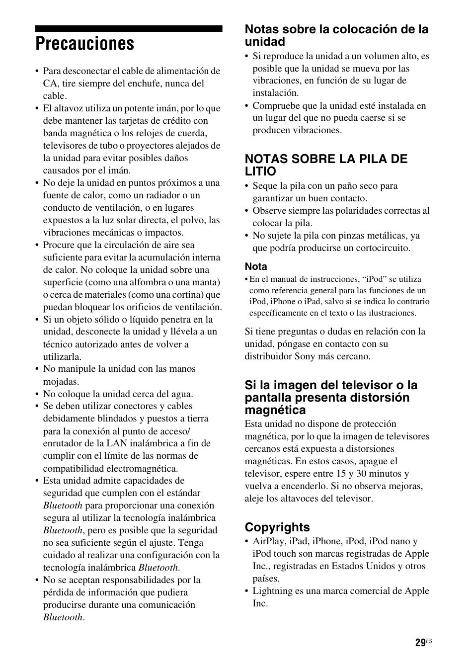 Precauciones, Notas sobre la colocación de la unidad, Notas sobre la pila de litio | Copyrights | Sony RDP-XA900iPN User Manual | Page 101 / 108