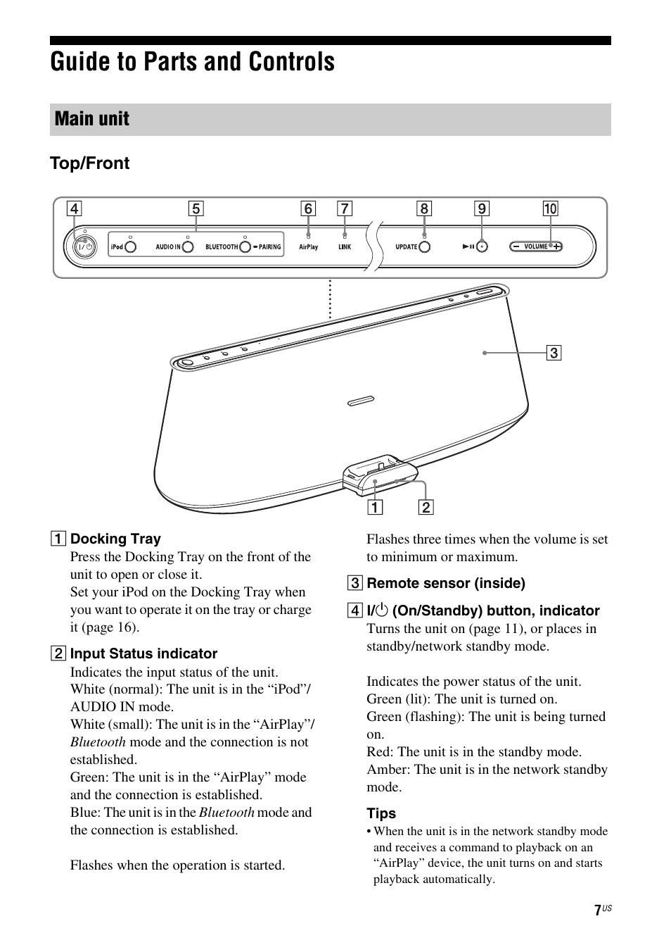 Guide to parts and controls, Main unit | Sony RDP-XA900iPN User Manual | Page 11 / 108