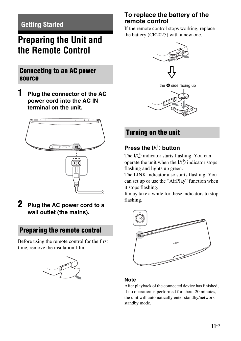 Getting started, Preparing the unit and the remote control, Connecting to an ac power source | Preparing the remote control, Turning on the unit, Preparing the unit and the remote, Preparing the unit and the remote control 1 | Sony RDP-XA900iPN User Manual | Page 15 / 108