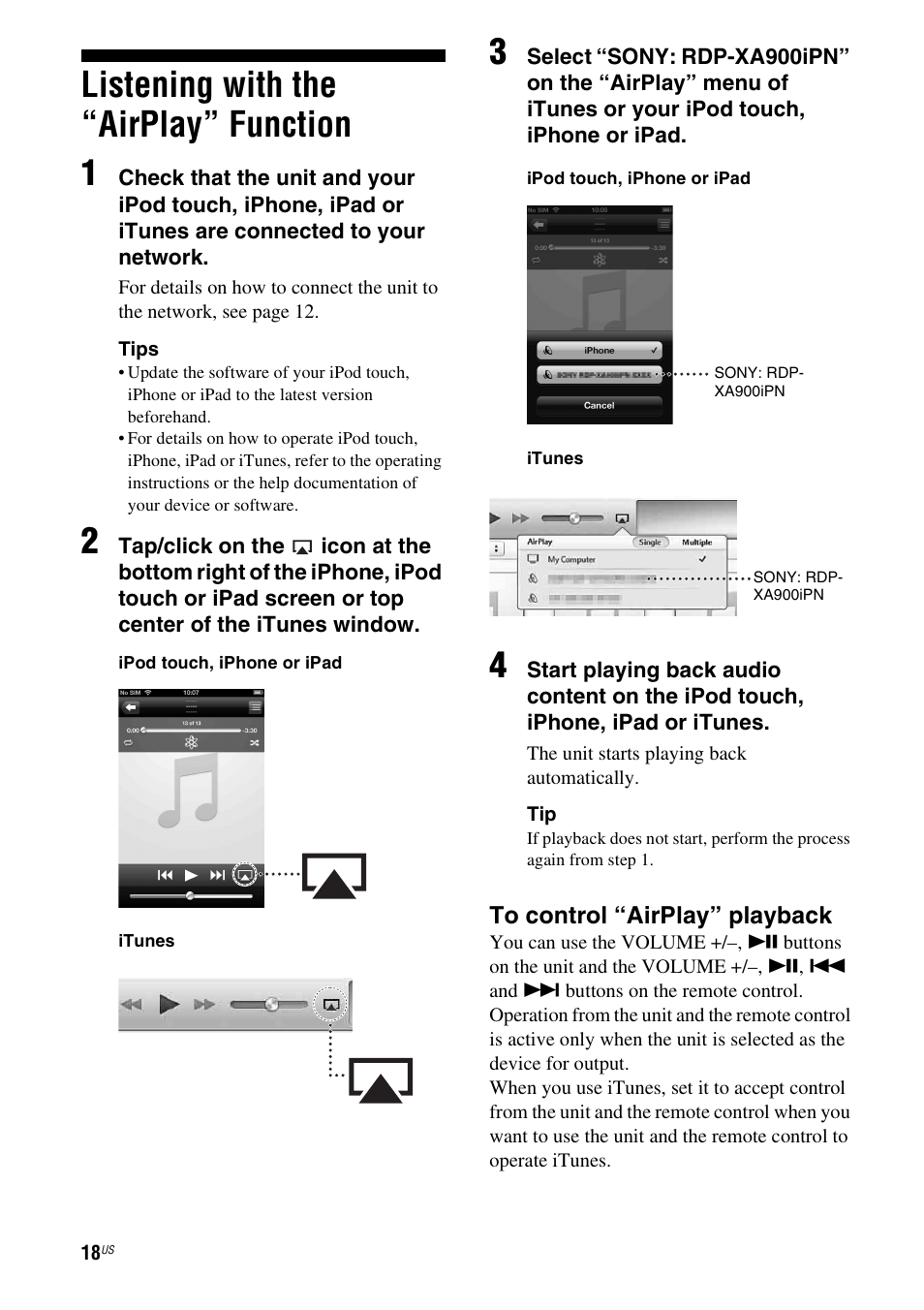 Listening with the “airplay” function, Listening with the “airplay” function 1 | Sony RDP-XA900iPN User Manual | Page 22 / 108