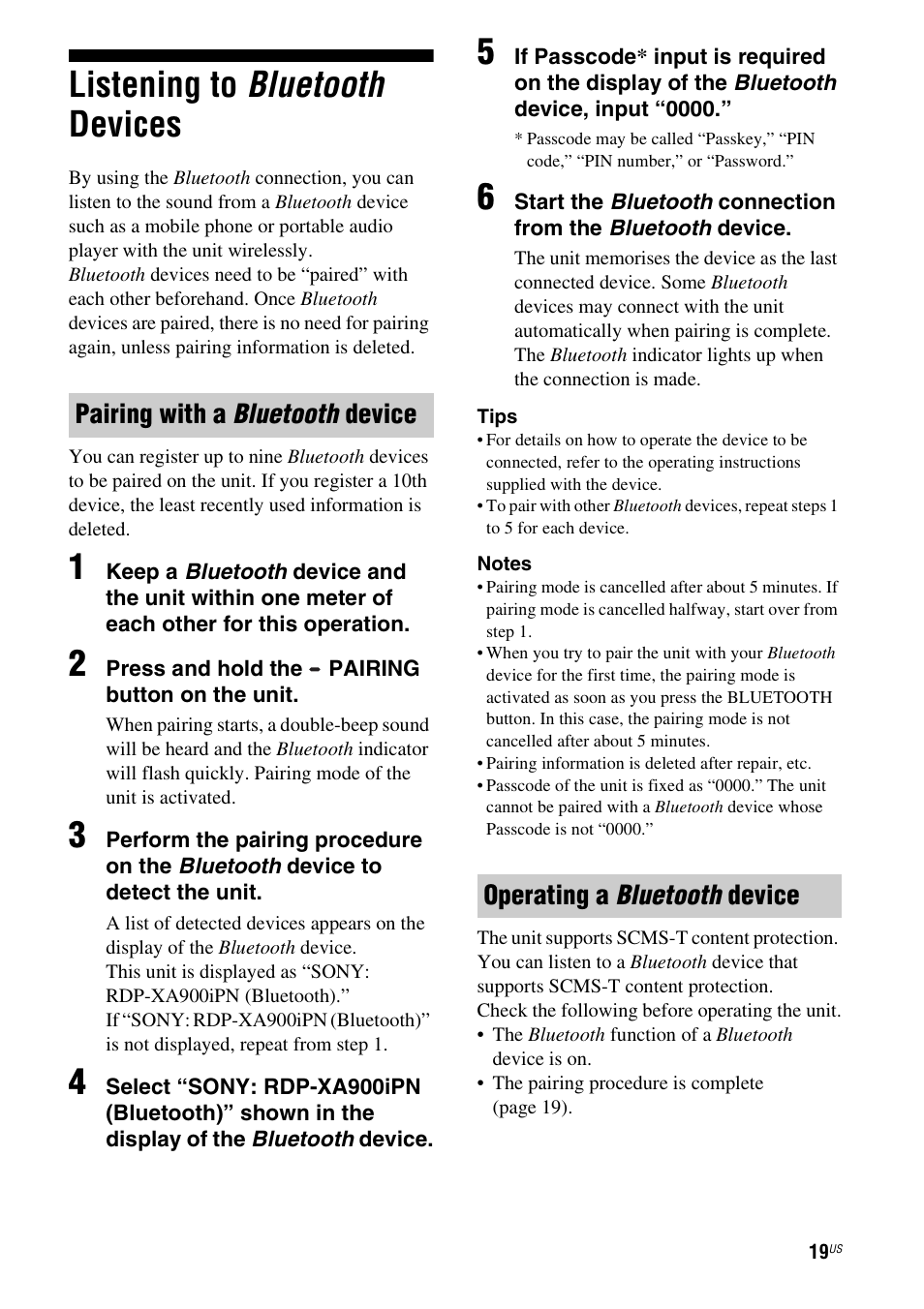 Listening to bluetooth devices, Pairing with a bluetooth device, Operating a bluetooth device | Sony RDP-XA900iPN User Manual | Page 23 / 108