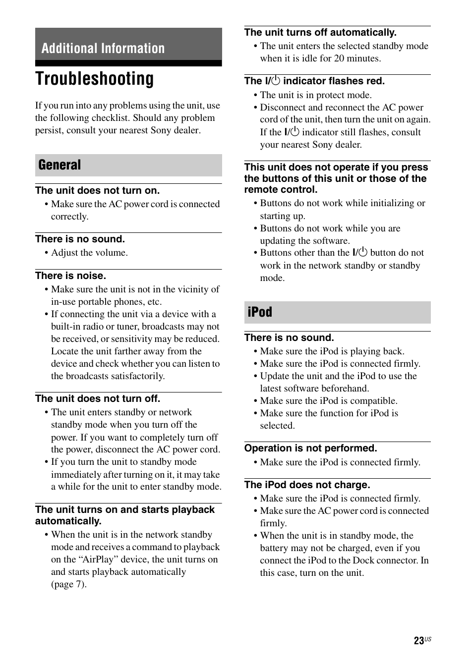 Additional information, Troubleshooting, Additional information general ipod | Sony RDP-XA900iPN User Manual | Page 27 / 108