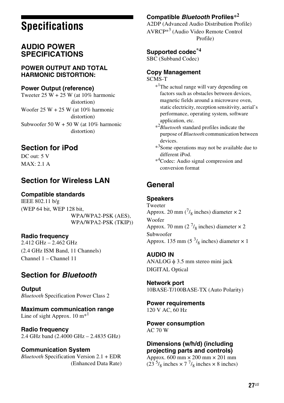 Specifications, Audio power specifications, General | Sony RDP-XA900iPN User Manual | Page 31 / 108