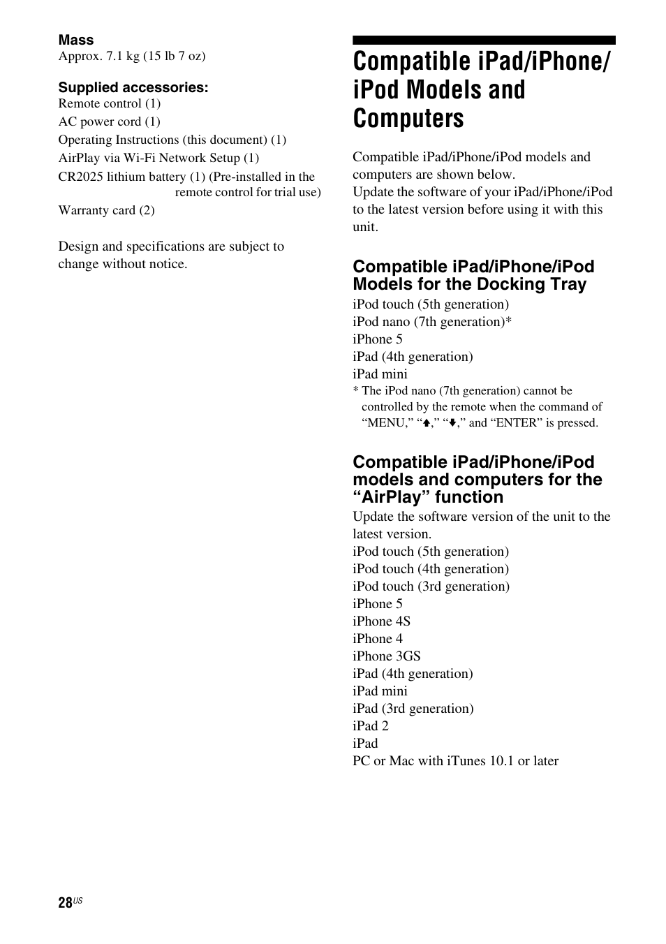 Compatible ipad/iphone/ipod models and computers, Compatible ipad/iphone/ipod models and, Computers | Compatible ipad/iphone/ ipod models and computers | Sony RDP-XA900iPN User Manual | Page 32 / 108