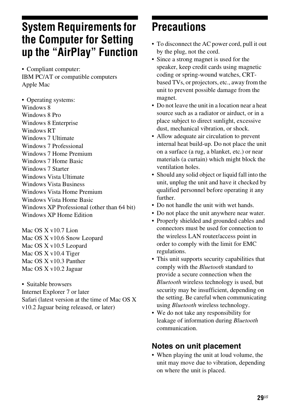 Precautions, System requirements for the computer for, Setting up the “airplay” function | Sony RDP-XA900iPN User Manual | Page 33 / 108