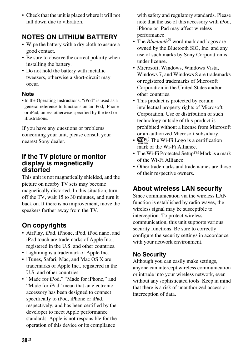 On copyrights, About wireless lan security | Sony RDP-XA900iPN User Manual | Page 34 / 108