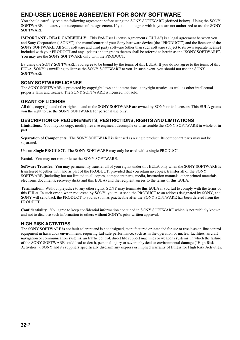 End-user license agreement for sony software | Sony RDP-XA900iPN User Manual | Page 36 / 108