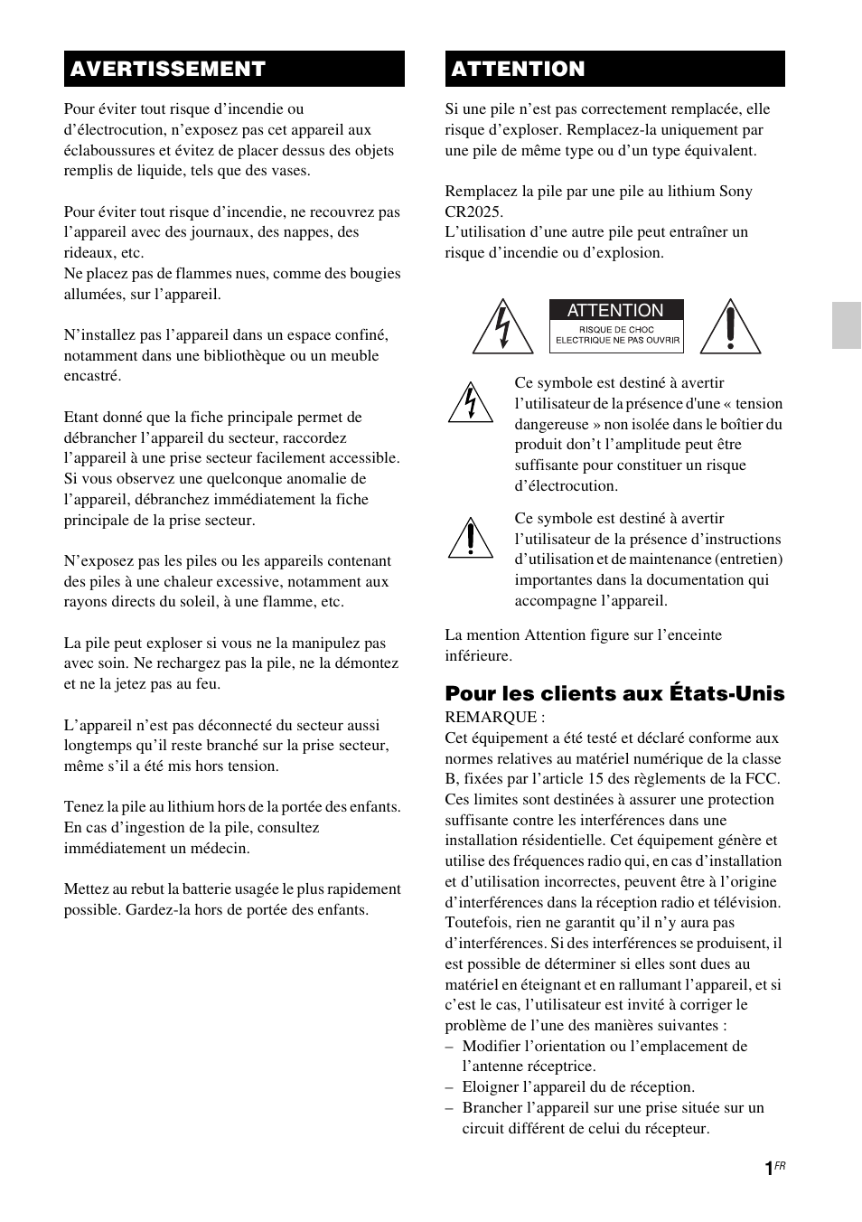 Pour les clients aux états-unis, Avertissement attention | Sony RDP-XA900iPN User Manual | Page 39 / 108